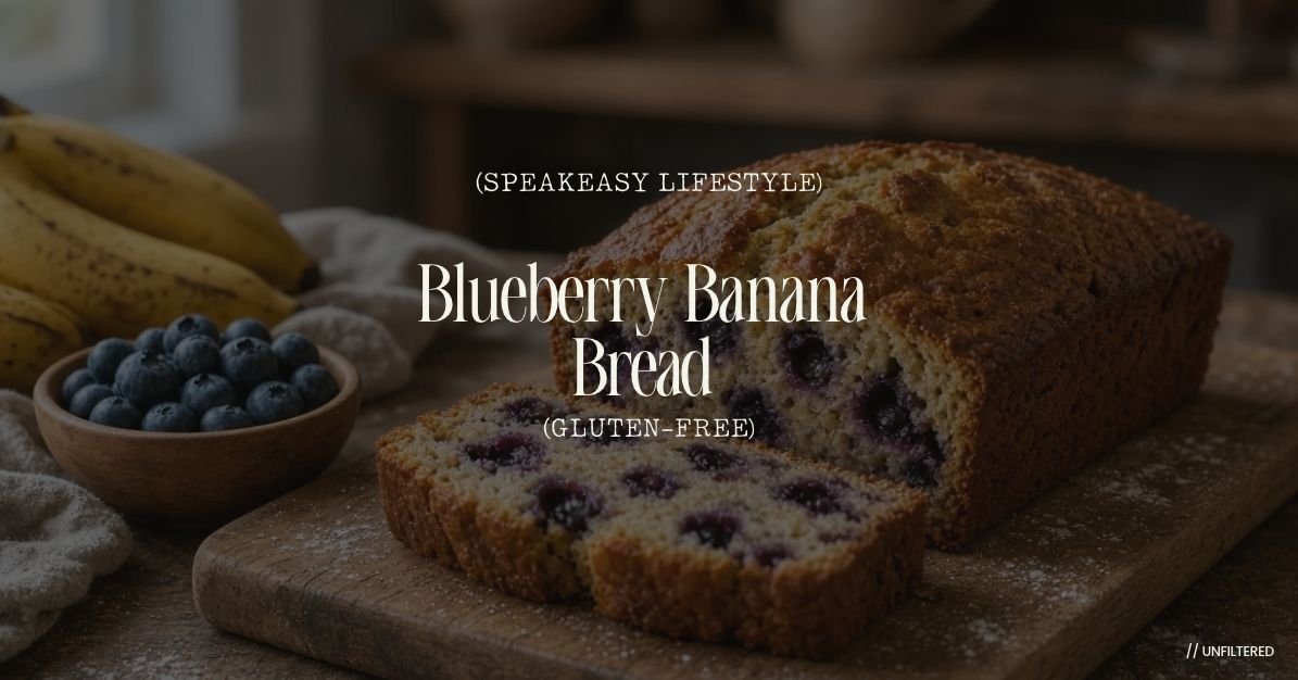 Gluten Free Banana Bread with Blueberries – Moist & Easy Recipe Moist gluten free banana bread with blueberries, sliced on a wooden board in a home kitchen