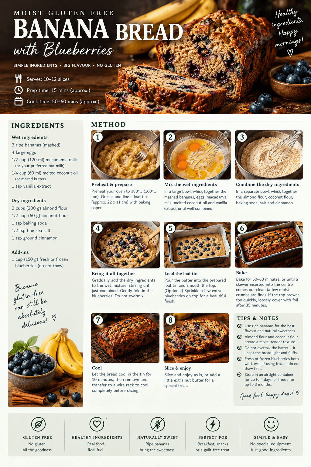 Sliced moist gluten free banana bread with blueberries on a wooden board in a home kitchen