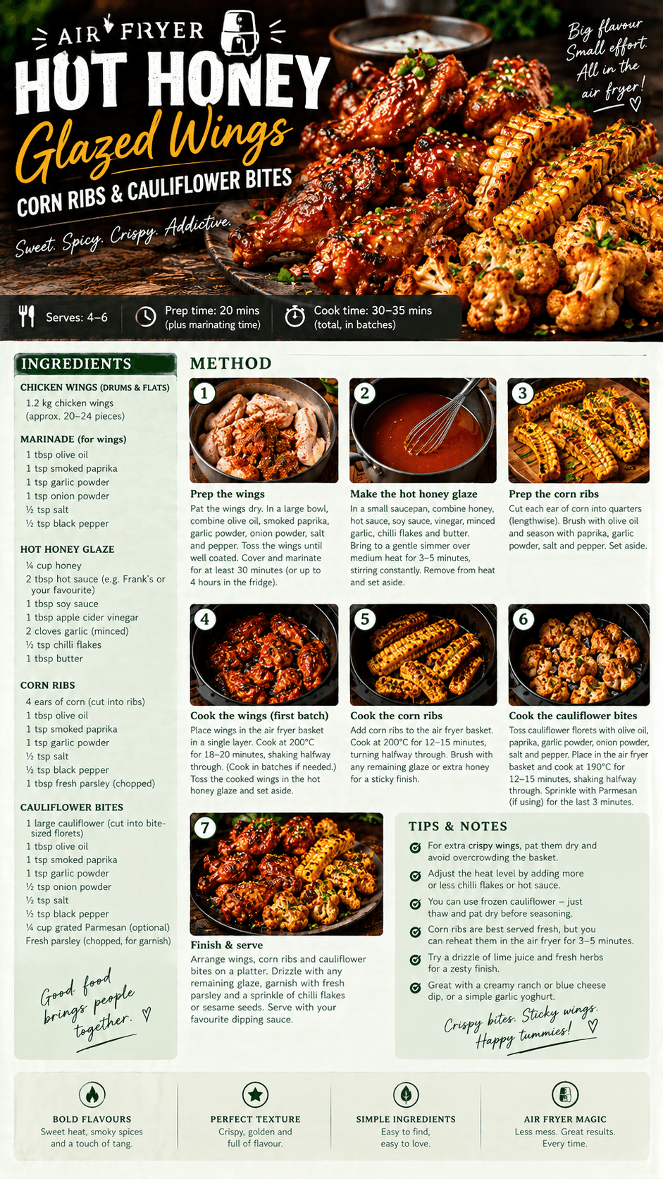 Crispy hot honey glazed chicken wings, corn ribs and cauliflower bites cooked in the air fryer basket