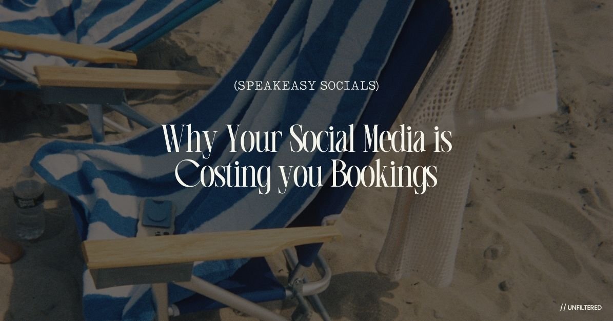 Minimalist luxury beach setting with blue and white striped towels on beach lounge chairs, featuring Speakeasy Socials blog branding.