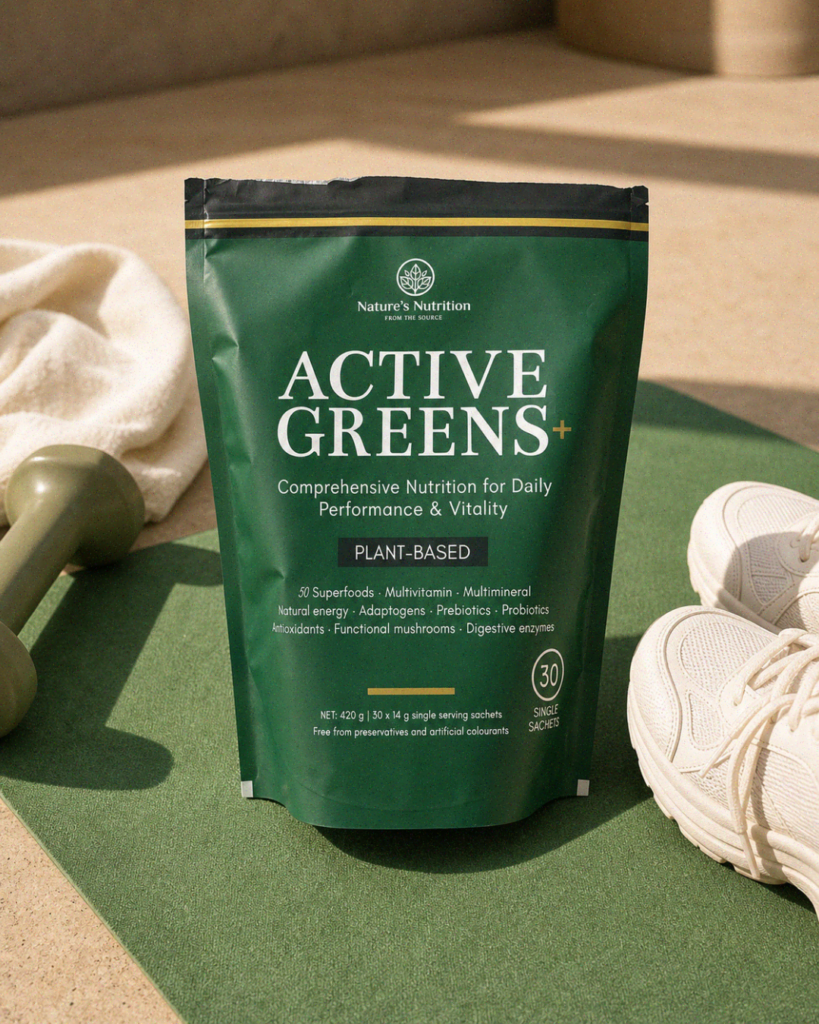 Nature's Nutrition Active Greens+ pouch placed on a green yoga mat next to white running shoes and a dumbbell.