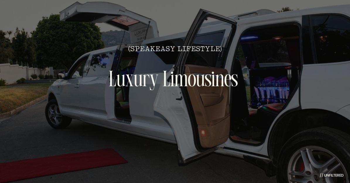 White Porsche Cayenne stretch limousine with open wing doors, red carpet and Speakeasy Lifestyle overlay – Luxury Limousines