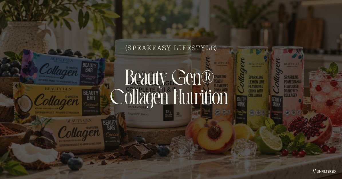 Beauty Gen collagen products by well i am including Naked Collagen Complete powder, Beauty Bars in blueberry coconut and cocoa, and sparkling collagen drinks with fresh fruit.
