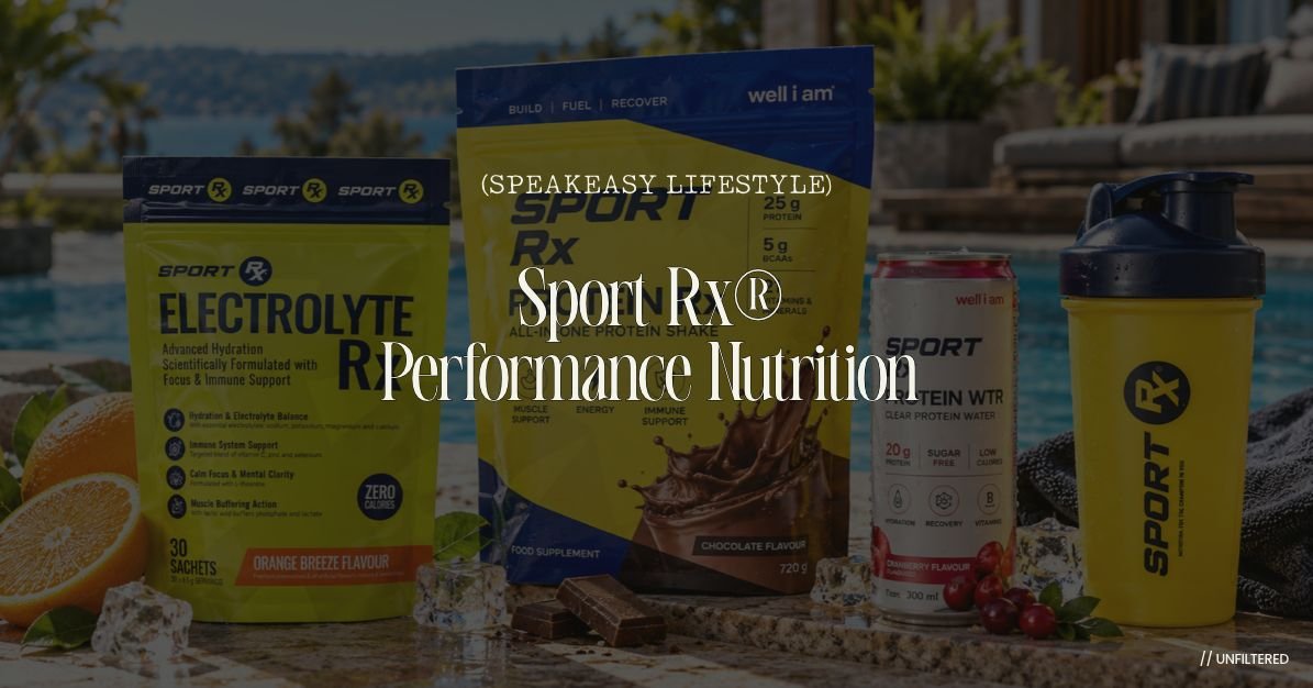 Sport Rx Electrolyte Rx, All-In-One Protein Shake, Protein WTR and shaker bottle displayed poolside