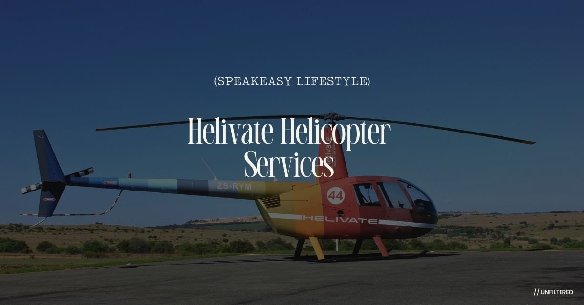 Colorful Helivate Robinson R44 helicopter (ZS-RYM) parked on the tarmac under a clear blue sky at Jack Taylor Airport, featured in the Speakeasy Lifestyle review of Helivate Helicopter Services.