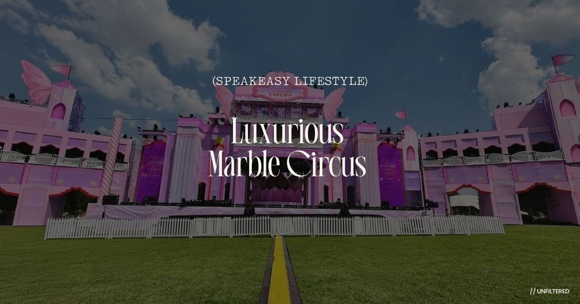 Exterior view of the grand, pastel pink festival stage and castle-like architecture at the Luxurious Marble Circus event hosted at GROUND The Venue in Muldersdrift.