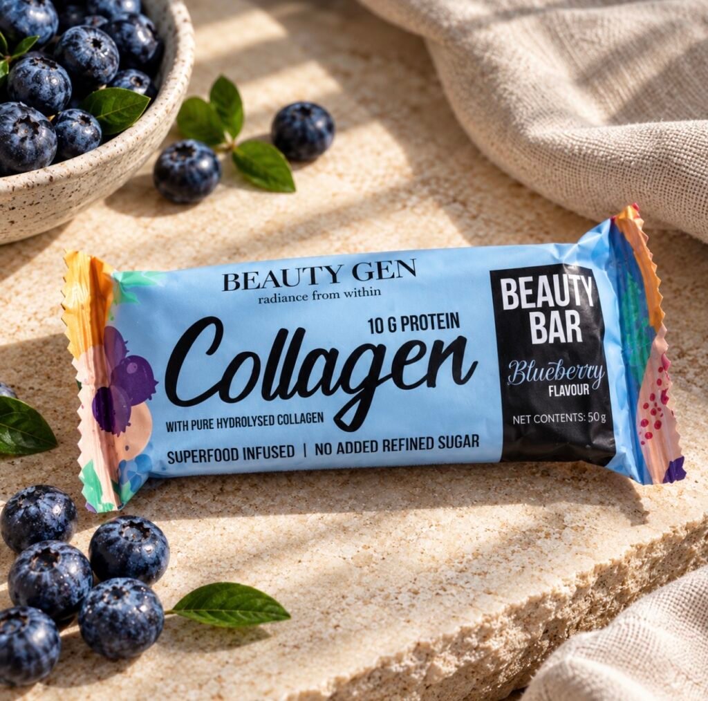 Beauty Gen Collagen Beauty Bar in blueberry flavour with pure hydrolysed collagen and no added refined sugar, surrounded by fresh blueberries