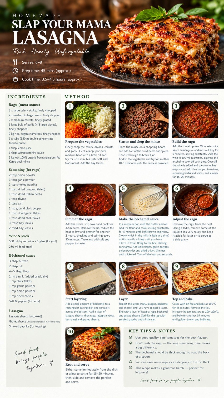 Slice of rich homemade lasagna with layers of meat ragu, béchamel and melted cheese on a dark plate