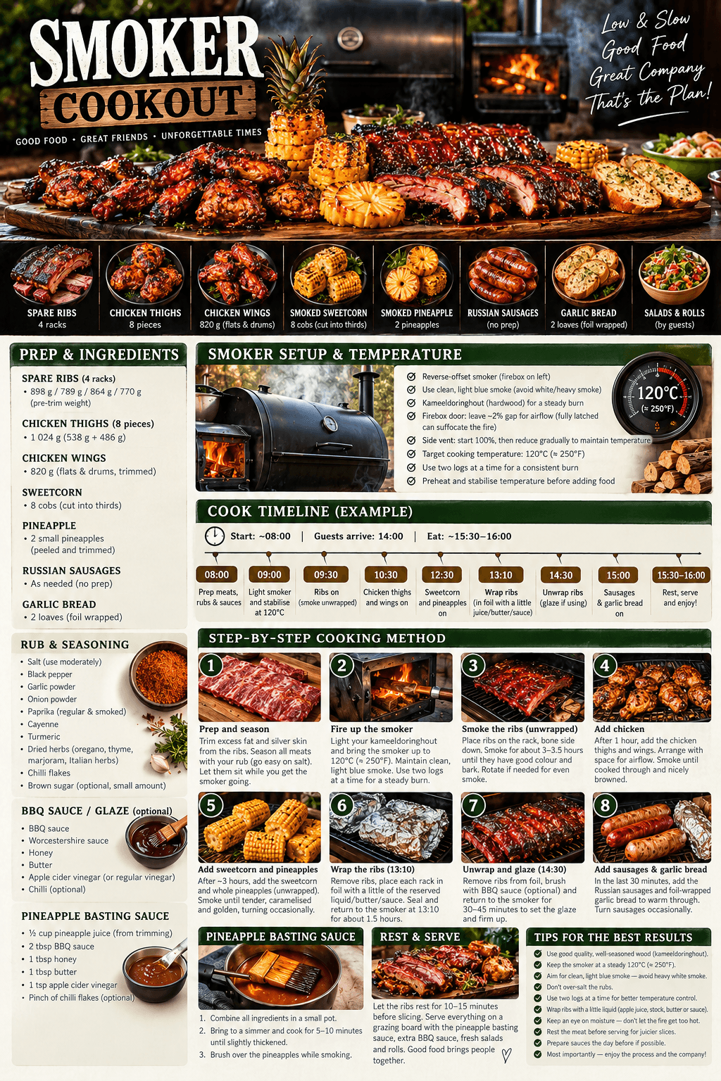 Full smoker cookout spread with glazed spare ribs, smoked chicken, sweetcorn, pineapple and sausages on a wooden board