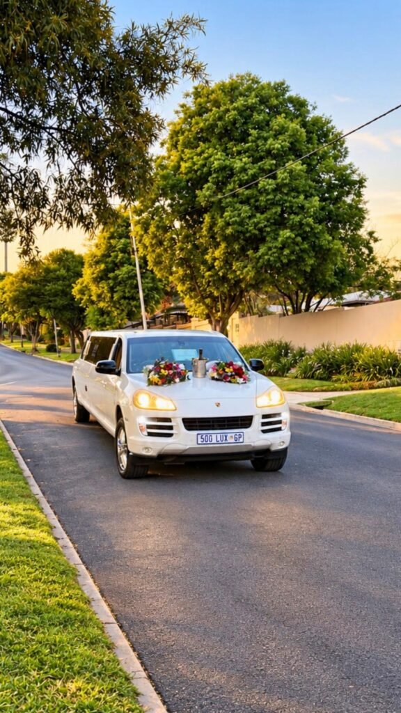 White Porsche Cayenne stretch limousine driving at sunset with floral bouquets and champagne on the bonnet – Luxury Limousines
