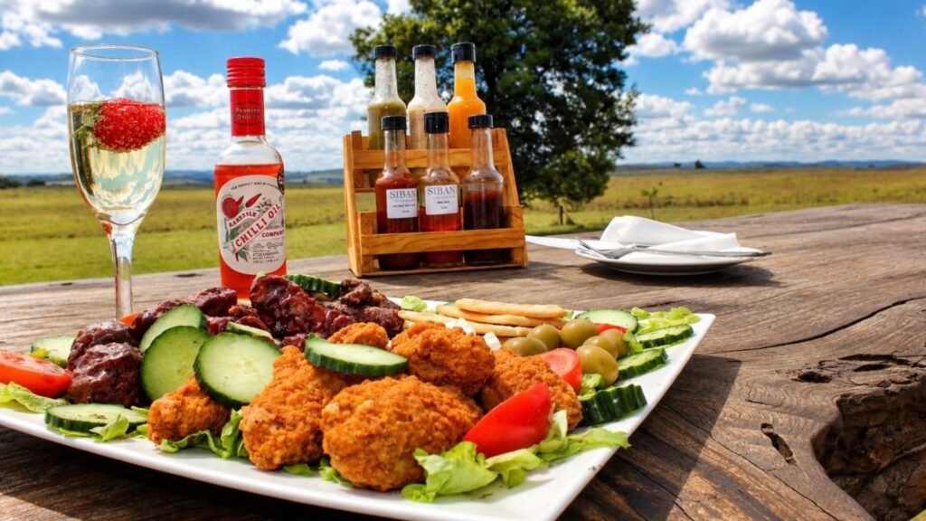 Generous charcuterie board with chicken wings, riblets, dry wors and sauces served at Sibani Lodge