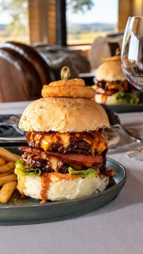 Towering double-patty burger with cowboy butter, onion rings and fries at Sibani Lodge