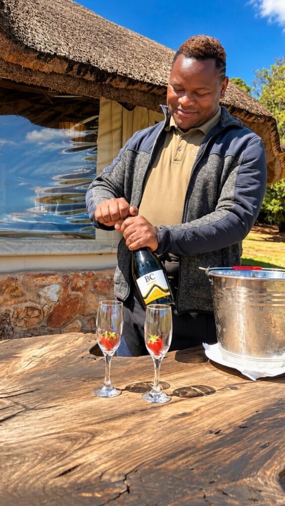 Private butler George smiling while opening a bottle of BC Méthode Cap Classique at Sibani Lodge private villa
