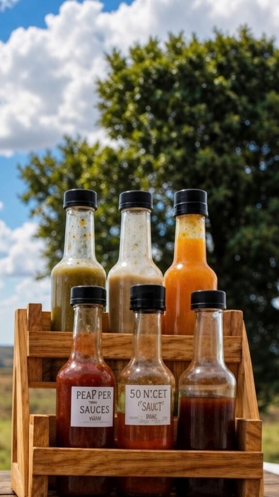 Wooden crate of house-made sauces including habanero-mango and tequila barbecue at Sibani Lodge