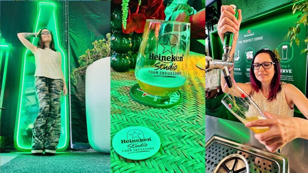 A multi-panel photo showing Claudia posing next to a glowing green neon Heineken bottle installation and pouring a beer at the Heineken Studio bar during the Luxurious Marble Circus.
