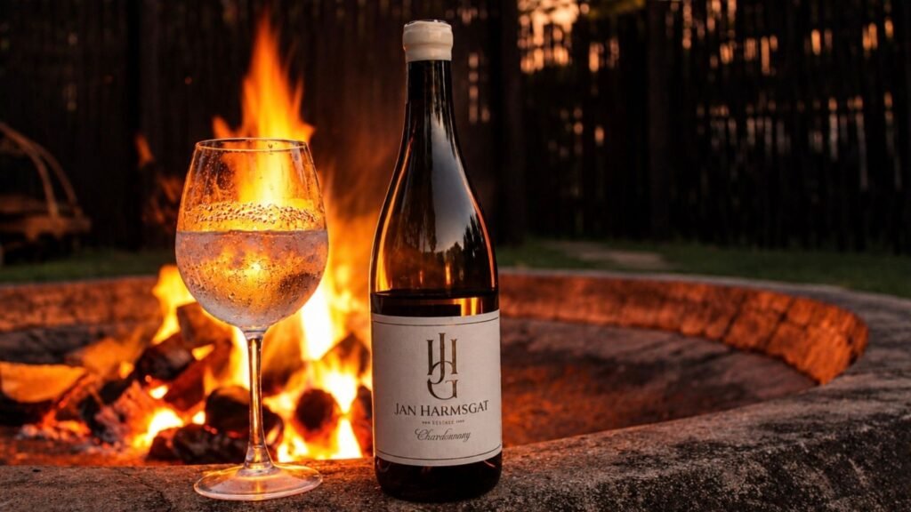 Bottle of Jan Harmsgat Chardonnay and glass next to a roaring fire at Sibani Lodge