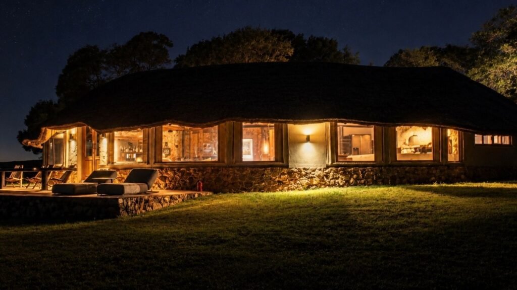 Beautifully lit thatched private villa glowing under the night sky at Sibani Lodge