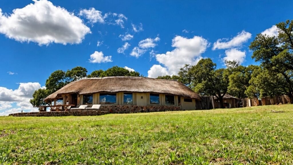 Wide view of the circular thatched-roof private villa at Sibani Lodge surrounded by green lawn and trees