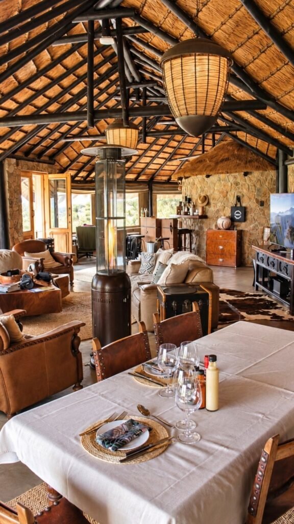 Elegant dining table set with wine glasses inside the open-plan lounge of Sibani Lodge private villa