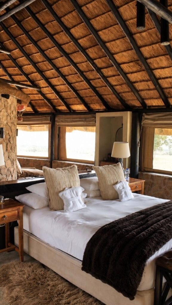 Luxurious master bedroom with white linen, fur throws and thatched ceiling at Sibani Lodge private villa