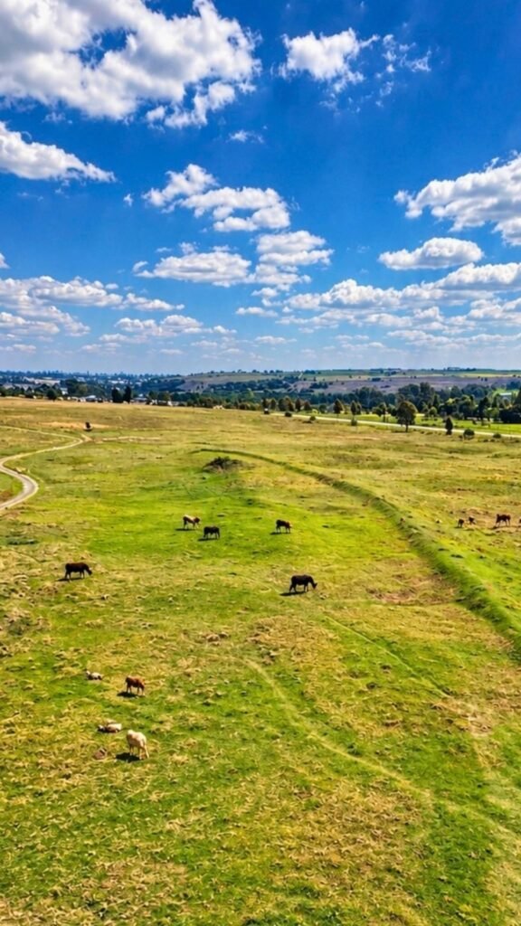 Scenic aerial view from a Helivate helicopter showing cattle grazing on lush green pastures under a bright blue sky with white clouds near Krugersdorp.