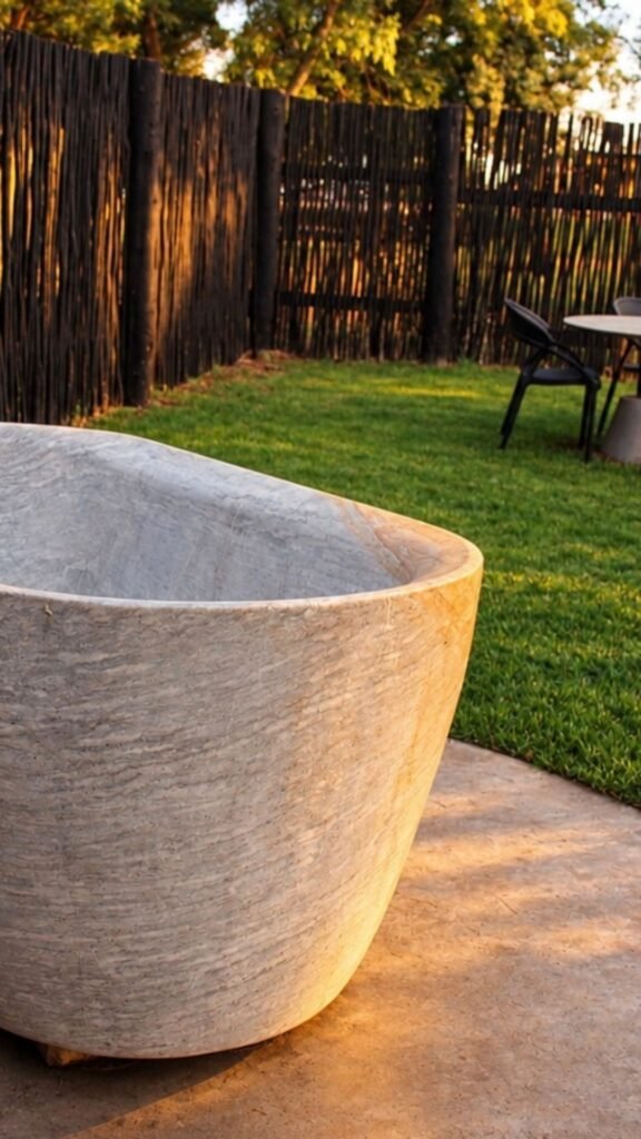 Close-up of the large solid stone outdoor bath in the private courtyard of Sibani Lodge