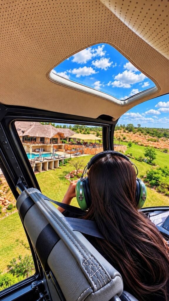 View from inside a Helivate helicopter looking down over Sibani Lodge with its thatched roofs, swimming pool and surrounding bushveld landscape, Claudia Sherrin in the foreground.