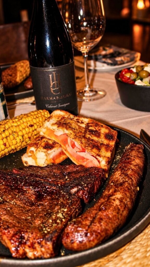 Grilled T-bone, zebra boerewors, braaibroodjie and corn served at Sibani Lodge private villa