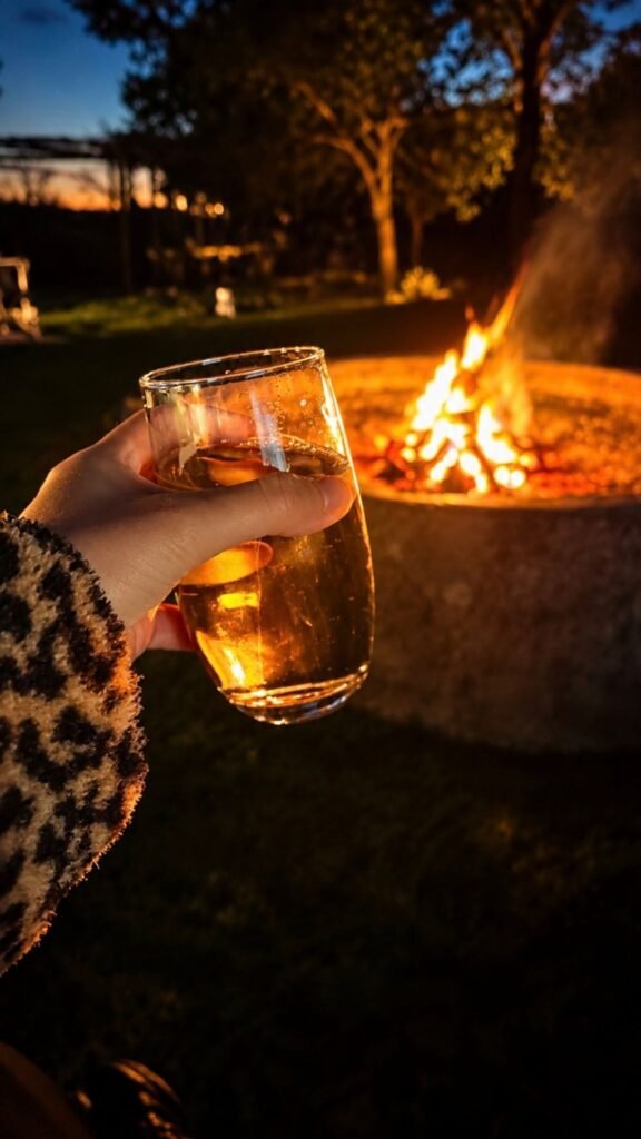 Hand holding a glass of wine in front of a roaring fire boma at dusk at Sibani Lodge