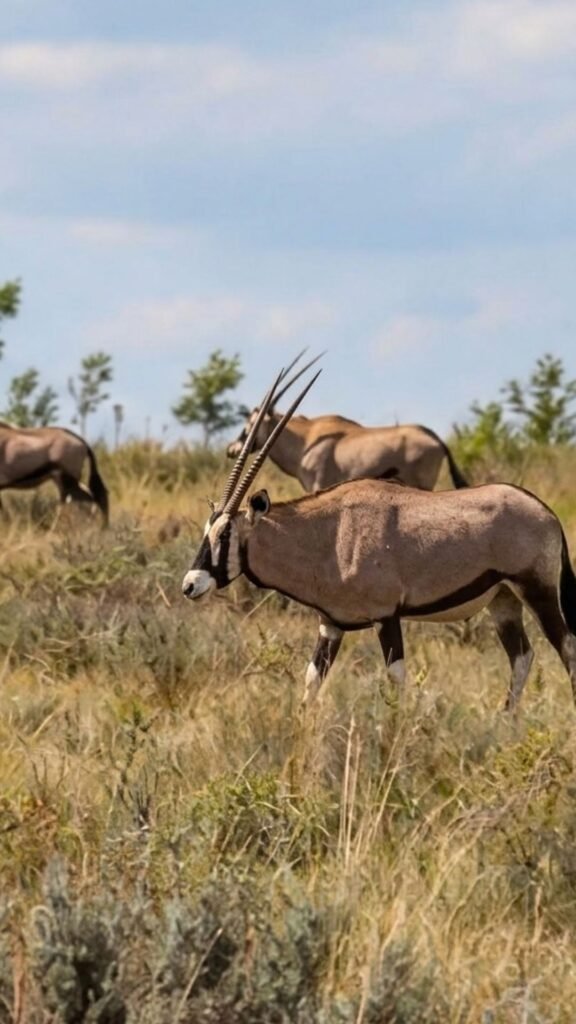 Group of gemsbok (oryx) grazing during a private game drive at Sibani Lodge