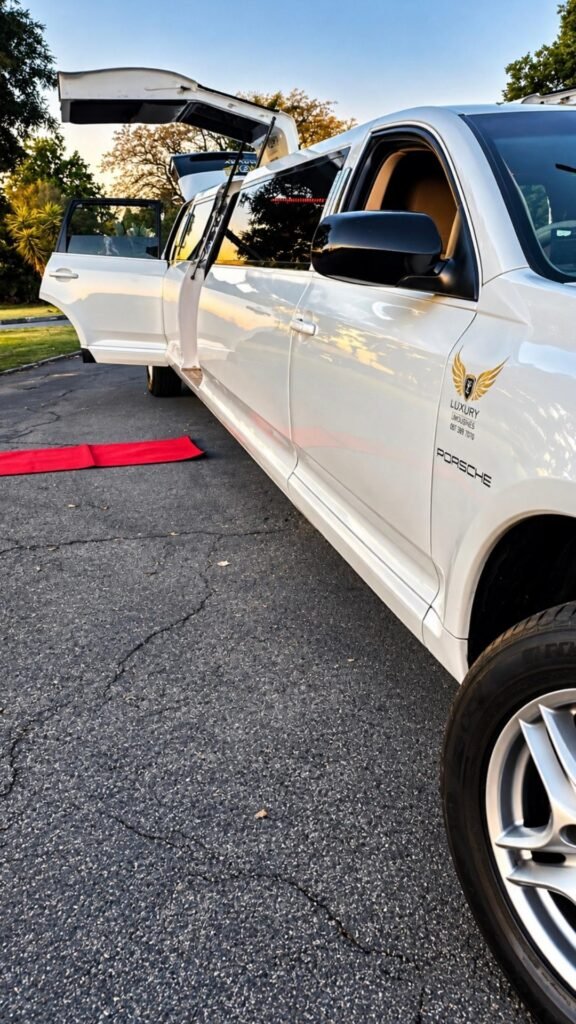 Side profile of the white Porsche Cayenne stretch limousine with open doors, red carpet and Luxury Limousines branding at sunset