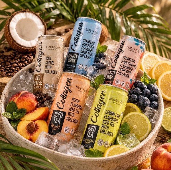 Assorted Beauty Gen collagen drinks by well i am including iced coffee, sparkling blueberry, peach iced tea, lemon lime iced tea and sparkling pomegranate displayed on ice with fresh fruit