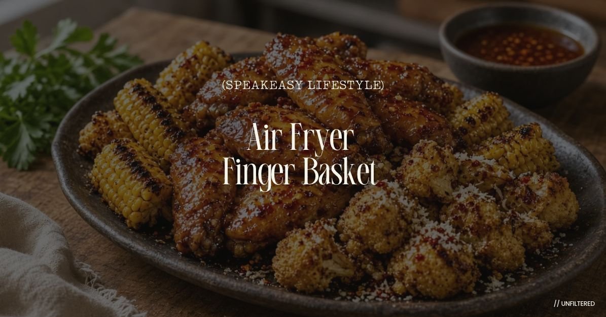 Crispy hot honey glazed chicken wings, corn ribs and cauliflower bites cooked in the air fryer basket