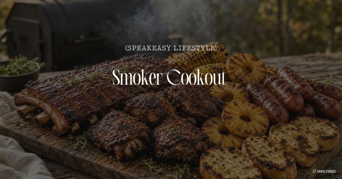 Full smoker cookout spread with glazed spare ribs, smoked chicken, sweetcorn, pineapple and sausages on a wooden board