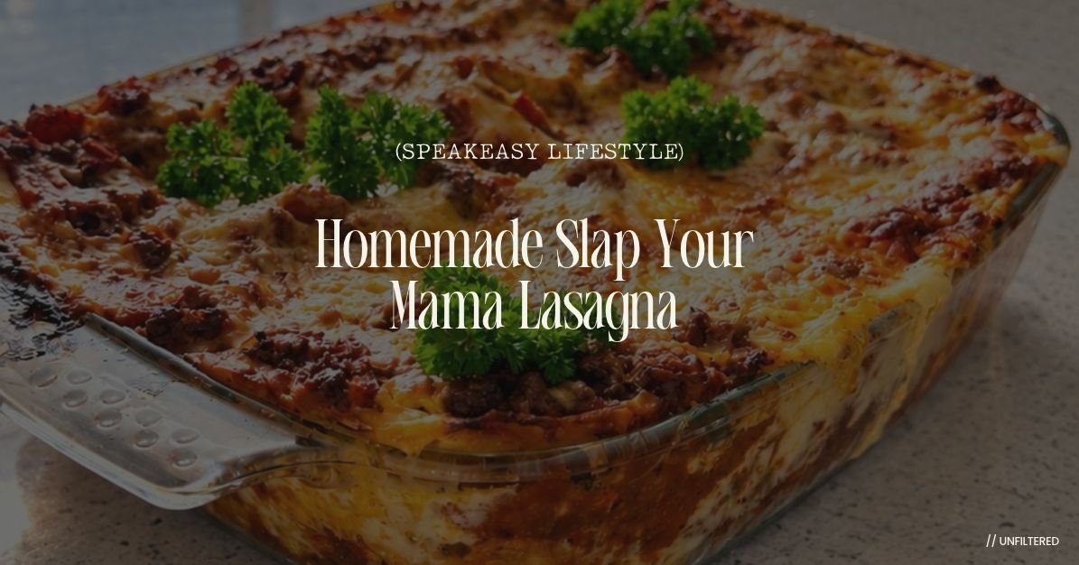 Slice of rich homemade lasagna with layers of meat ragu, béchamel and melted cheese on a dark plate